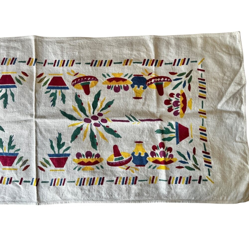 Mexican Table Runner 42X16.5 Nubby White Cotton w/ Red Green Yellow Blue VTG MCM - Picture 3 of 10